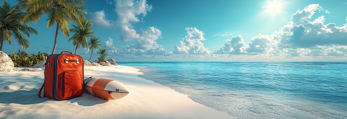 Tropical Beach Vacation with Luggage and Surfboard