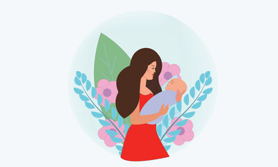 illustration of a woman with baby. heir.flower, leaf,circle,tree.