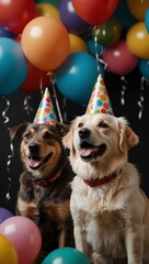 Two dogs in party hats with balloons, enjoying a celebration.