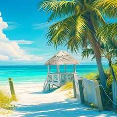 Beach with palm trees. Florida beach. Tropical beach with the ocean view and palms