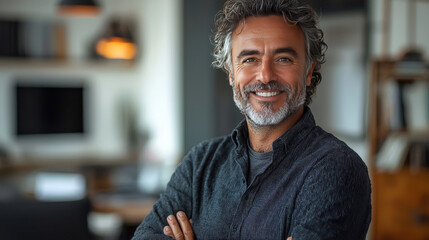 Obraz premium Smiling mature man with gray hair in casual clothing.