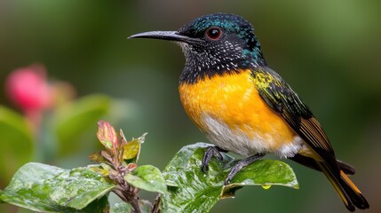 Fototapeta premium Colorful Bird Perched on Green Leaf with Water Droplets