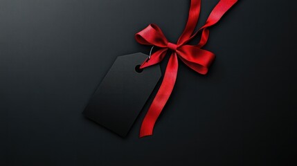Black Friday sale tag with red ribbon on black background