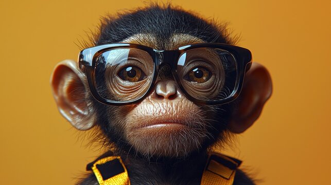 A young monkey with large glasses poses against a bright orange background, showcasing its playful demeanor and curious expression