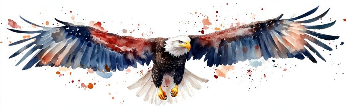Bald Eagles with Flag Wings, four majestic bald eagles soaring with American flag wings against a white backdrop, vibrant watercolor design, seamless pattern for decorative use.