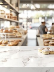 Blurred white marble counter in front of a blurred bakery shop interior showing customers, pastries and shelves displaying products with a background banner leaving space for copy. Display montage.