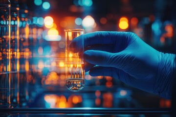 hand of scientist in blue glove with test tube and flask in medical chemistry lab banner background