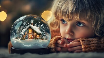 Naklejka premium Child Gazing into a Magical Christmas Snow Globe. A captivating image of a young child with blonde hair and blue eyes, holding a snow globe featuring a cozy winter house scene, eyes filled with wonder