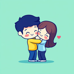 Obraz premium A delightful cartoon couple embracing in a joyful hug, set against a vibrant, solid color backdrop.