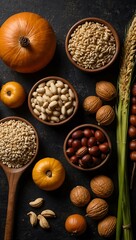 Various autumn crops, grains, and nuts on a dark background.