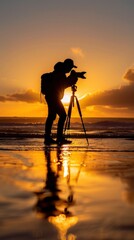 Silhouette of young photographer on the beach with generative ai
