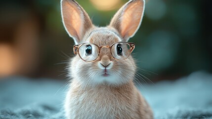 A cute rabbit wearing glasses sits calmly in a serene outdoor setting during the late afternoon