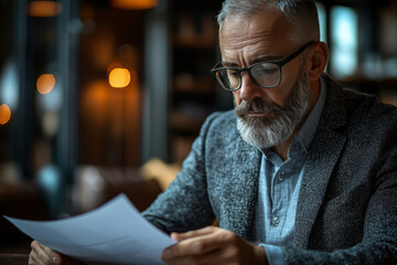 A man in a gray blazer reads paperwork in a dimly lit cafe.