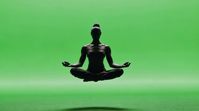 Woman is levitating in a yoga pose against a green screen background, providing a perfect setup for visual effects and creative compositions