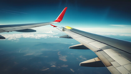 Journey through the sky with airplane wing.