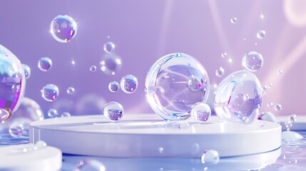 podium scene platform cube white clear presentation with water crystal and cosmetic design tidy purple circles