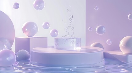podium scene platform cube white clear presentation with water crystal and cosmetic design tidy purple circles