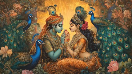 Beautiful Radha Krishna Image with Peacocks and Floral Background, Vibrant Colors, Spiritual Art, Hindu Deities, Divine Love