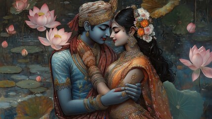 Enchanting Radha Krishna in a Lotus Pond - Divine Love and Serenity Captured in Beautiful Artwork © CreativeSeven 