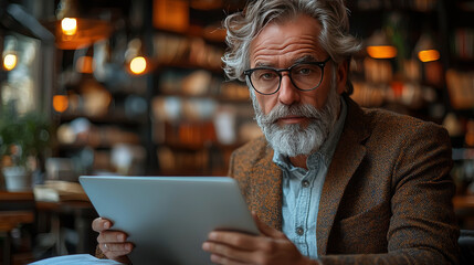 Senior man in a cafe using a tablet.