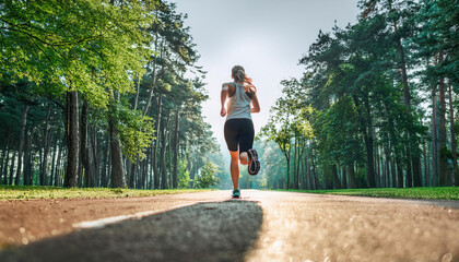 A runner woman running alone toward the sun in the park with tree on both side of the road. 