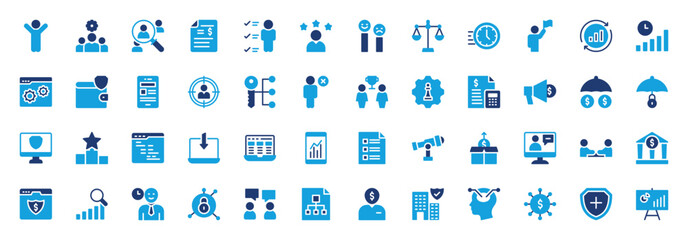 Insurance Business set of blue icons. Insurance Business icon.  Man, Team Management, Search User, Document, User Data, Customer Review, Reviews, Balance Scale vector illustration. 