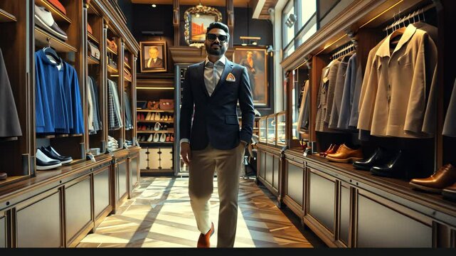 A man in a blue blazer walks through a clothing store, admiring the selection