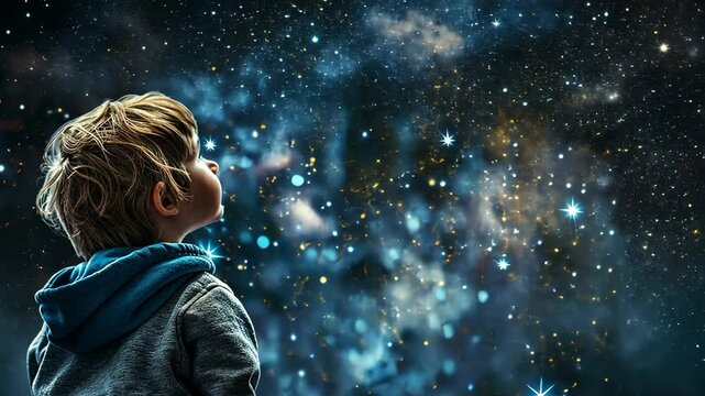 A young child gazes at the starry sky, exploring the wonders of the universe at night