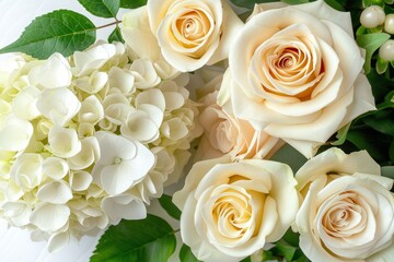 Fototapeta premium Delicate Beauty White Roses and Hydrangeas in a Minimalist Bouquet, Pastel Floral Arrangement