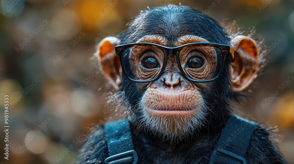 Poster A young chimpanzee wearing glasses and harness stands in a sunlit forest, showcasing curiosity and playfulness during a sunny afternoon