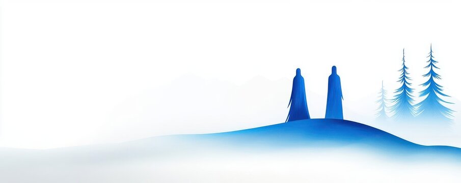 Spirit guides leading the way through fog, flat design, side view, mystical theme, cartoon drawing, Split-complementary color scheme