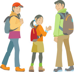 Obraz premium 山登りに出かける家族のイラスト