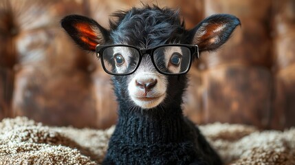 Playful baby goat wearing glasses sits comfortably on a cozy blanket, showcasing its adorable expression and charming personality