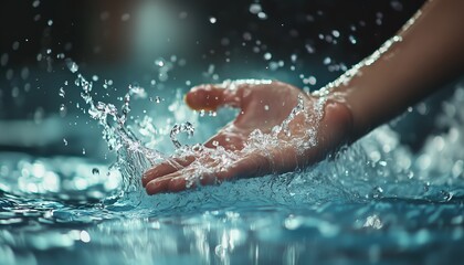 Hand splashing in water creating droplets, symbolizing relaxation and refreshment