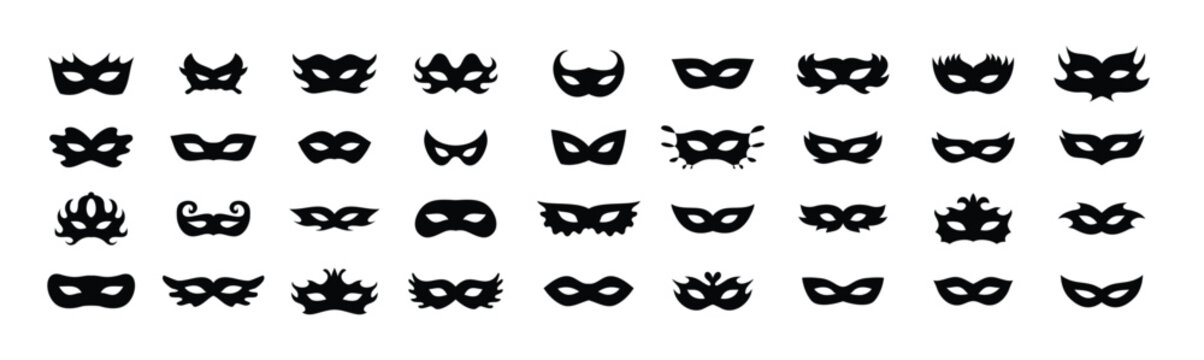 Carnival masks silhouettes icon set. Simple black icons masquerade mask, for party, parad, carnival, Halloween. Mask elements isolated sign, symbol