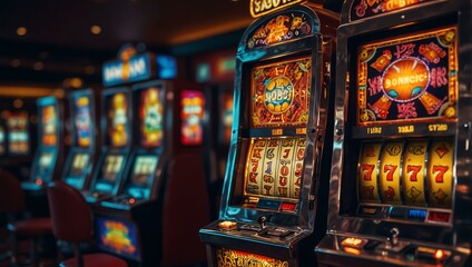 Vibrant slot machine with winning symbols in a casino setting.