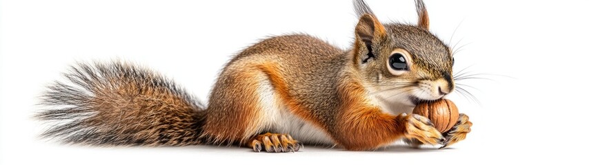 Fototapeta premium Charming Squirrel Enjoying a Nut, a delightful full-body portrait showcasing the playful nature of a squirrel against a clean white background, emphasizing its adorable features and behavior.