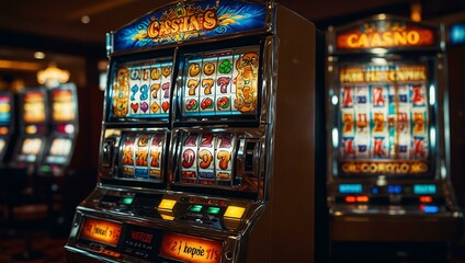 Vibrant slot machine with winning symbols in a casino