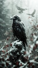 Raven in a Snowy Forest - A Dark and Serene Winter Scene