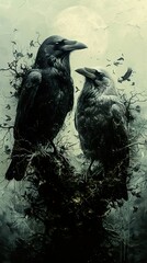 Fototapeta premium Two Ravens Perched on a Branch Under a Full Moon