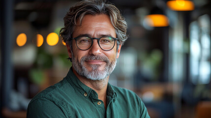 Fototapeta premium Smiling man in glasses and green shirt.