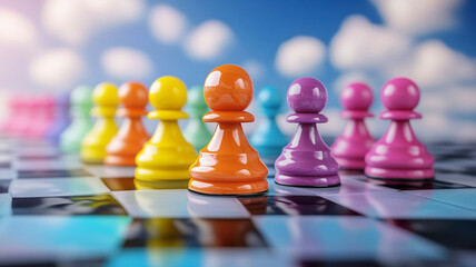 Colorful chess pieces stand on vibrant chessboard, creating playful and whimsical atmosphere. bright hues of pawns contrast beautifully with checkered pattern, evoking sense of fun and creativity
