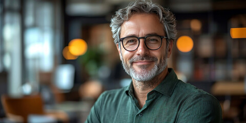 Obraz premium Smiling man in a green shirt with glasses