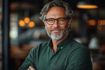 Obraz premium Smiling man in a green shirt looking at the camera