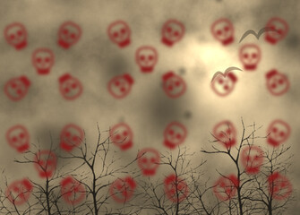 red skulls in the sky and dead trees, halloween scary background
