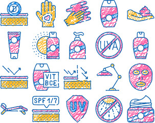 sunscreen protection doodle icons set vector. sketch line art sunscreen uv protect cream on hand and face, bottle and tube, beach umbrella and sun lounger color illustrations