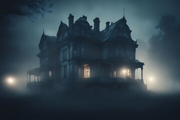 Obraz premium A haunting, fog-shrouded mansion with dim lighting, creating a mysterious and eerie atmosphere.