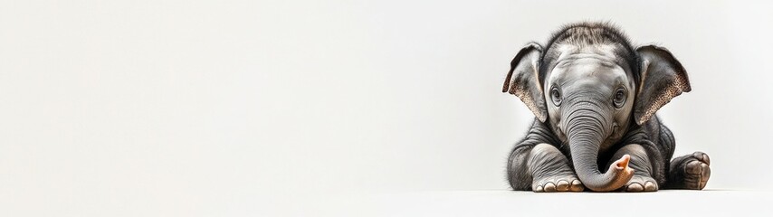 Fototapeta premium Curious Baby Elephant Exploration, a delightful scene of a baby elephant engaging with its environment against a clean, white backdrop, showcasing its playful nature and innocence.