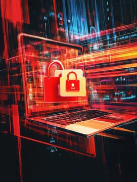 Network themed e commerce illustration with a locked laptop representing secure online shopping and digital security