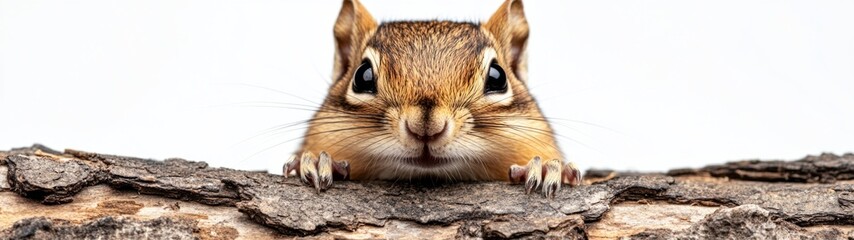 Obraz premium Curious Chipmunk in Log, a playful chipmunk emerges from a log, its bright eyes full of wonder, set against a clean, white backdrop, showcasing its lively character.